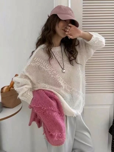 欧洲站大门2024秋季新款宽松圆领镂空钩花针织衫女慵懒风毛衣上衣