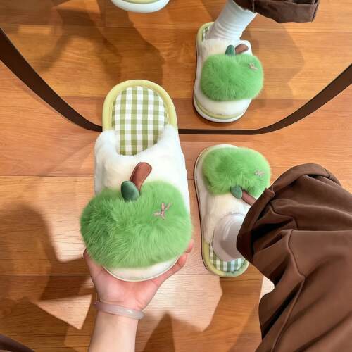青苹果毛绒棉拖鞋秋冬季女