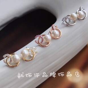 古丽古丽925纯银耳环2025新款网红时尚双C珍珠耳钉锆石立体耳饰女