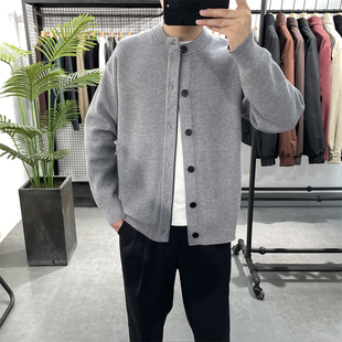 男简约百搭休闲毛衣外套青年帅气毛线衣 格子拼接针织开衫 冬季 新款