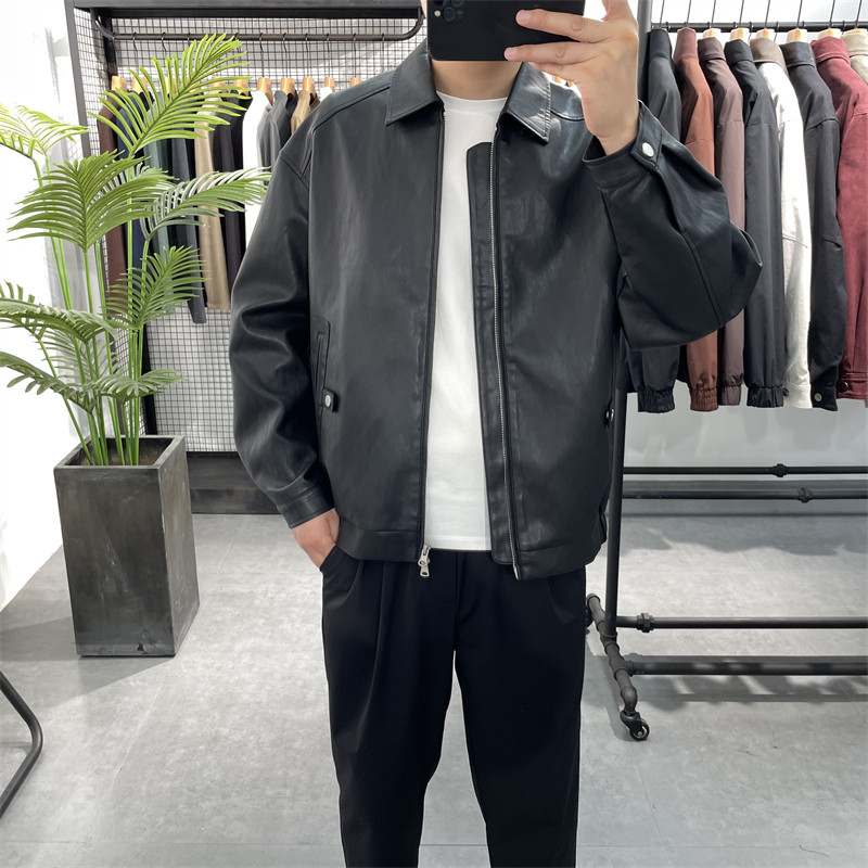 秋季新款翻领皮衣男潮牌宽松休闲皮夹克外套百搭痞帅机车服上衣,男装,皮衣,淘宝优惠券,粉丝福利购,淘宝优惠卷