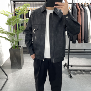 冬季新款翻领皮衣男潮牌高级感痞帅机车服皮夹克复古休闲加绒外套