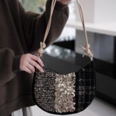 小众设计轻奢黑色亮片女通勤单肩月牙斜挎包腋下包牛角包小包好看