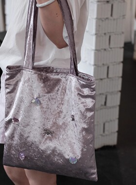 重工香芋紫丝绒通勤单肩包小众包包帆布包斜挎包高级感托特包