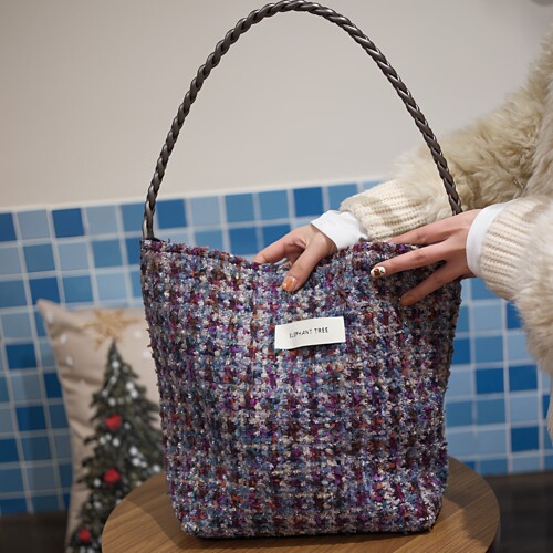 小众气质紫粗花呢hobo水桶包女生小众单肩包帆布通勤大容量包包