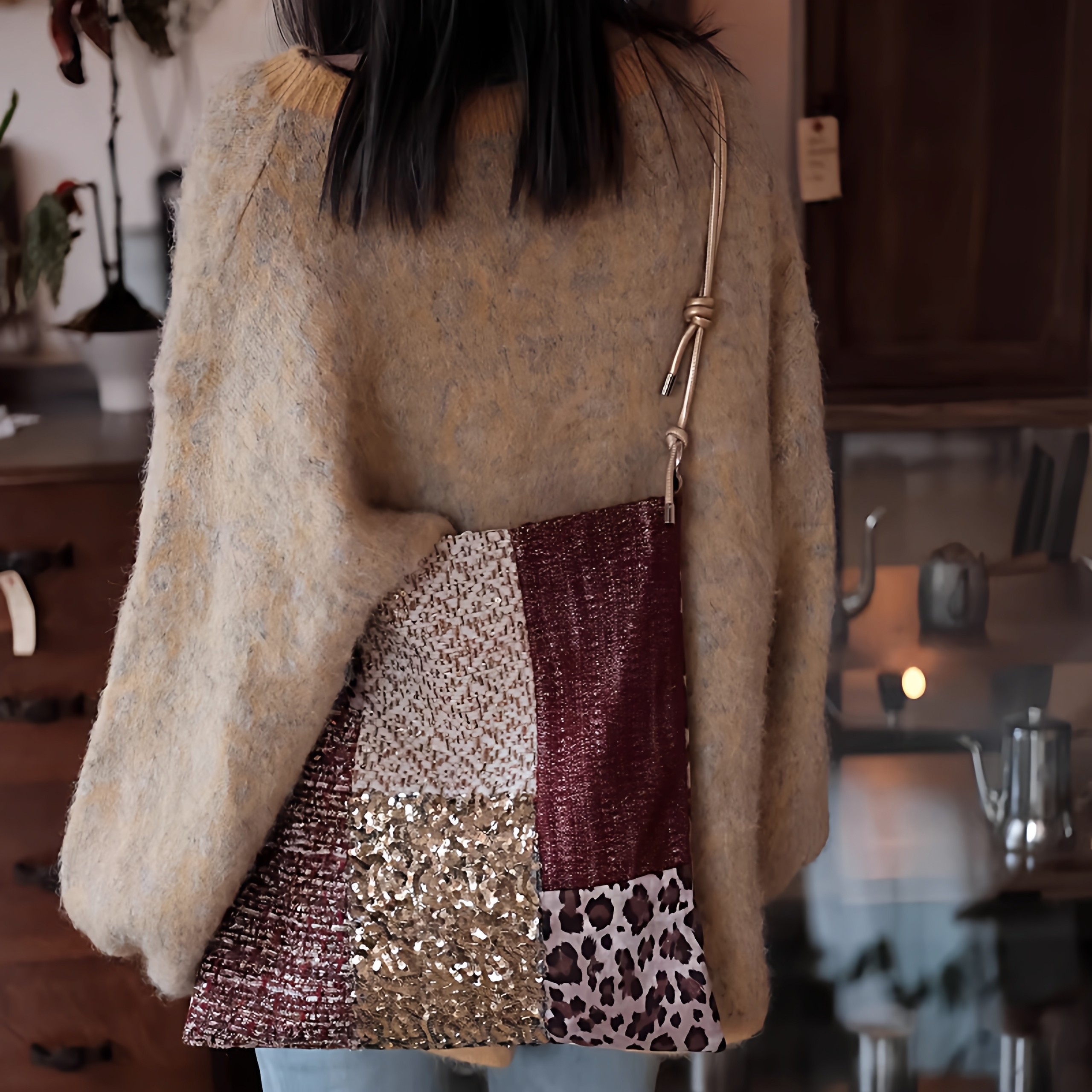 小众重工红金粗花呢豹纹亮片女生单肩斜挎度假帆布大容量小众包包