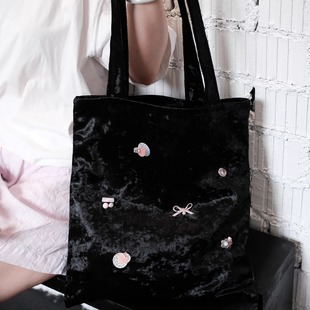 气质重工黑丝绒手工珠片百搭通勤单肩包帆布包大容量小众包包礼物