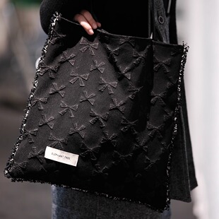 黑色蝴蝶结甜美秋冬时尚百搭女生单肩包帆布包大容量小众包包绣花