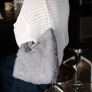 气质花朵灰纱百搭女生单肩包帆布hobo水桶包大容量小众包包托特包