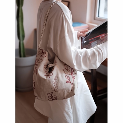 棉麻红色花朵刺绣单肩hobo水桶包