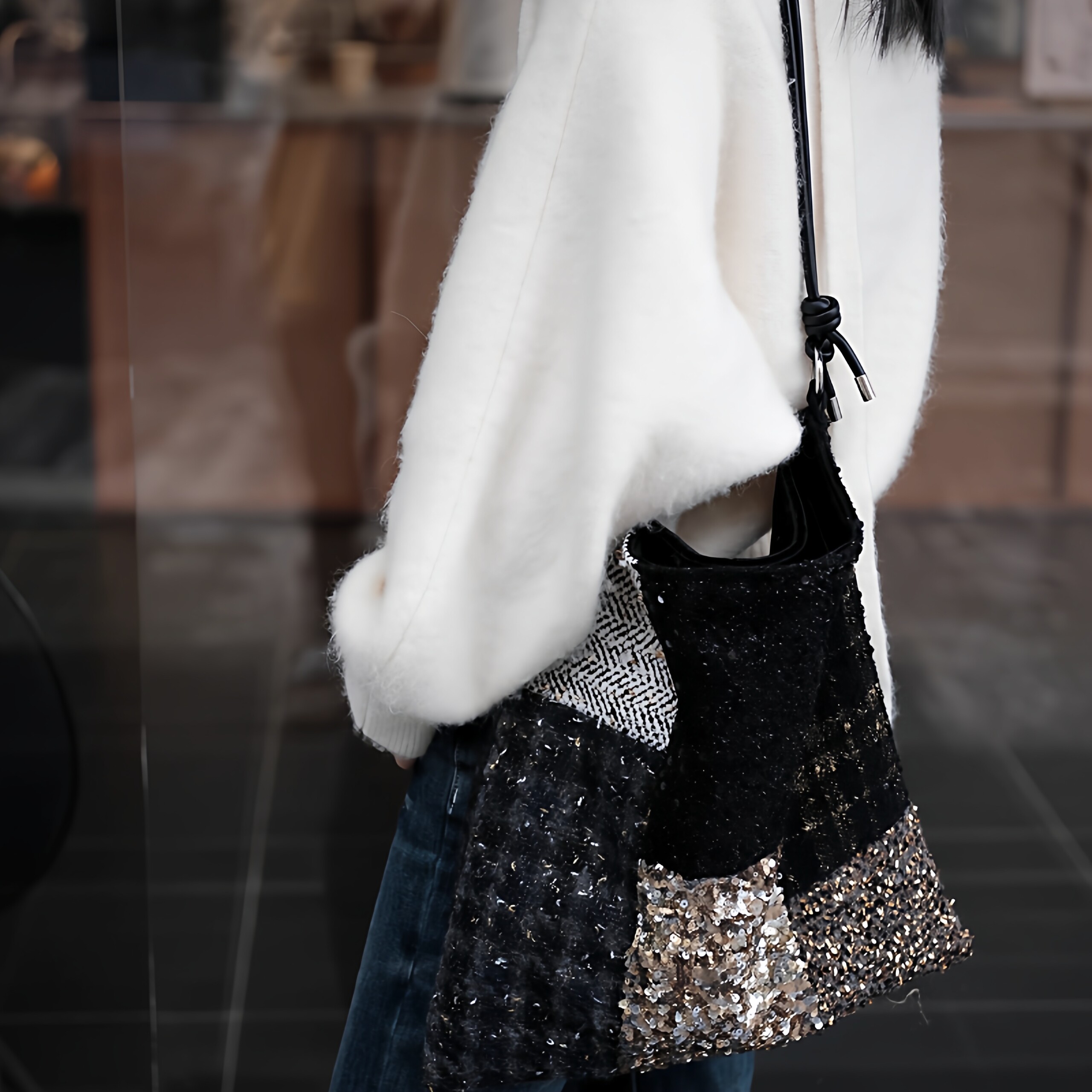 小众重工黑金粗花呢亮片帆布包