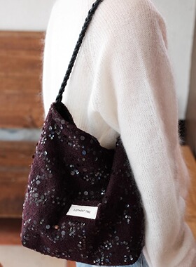 气质酒红亮片百搭女生小众单肩帆布hobo水桶包大容量包包通勤女包