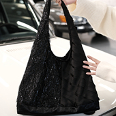 气质时髦黑色亮片混搭时尚 单肩包腋下帆布包hobo流浪包大容量包包