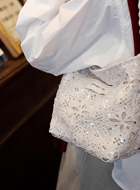 亮片白色蕾丝时尚百搭女生水桶包帆布包大容量小众包包法式通勤