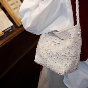 亮片白色蕾丝时尚百搭女生水桶包帆布包大容量小众包包法式通勤