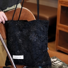 秋冬黑色花朵蕾丝单肩包帆布包大容量小众包包复古休闲通勤