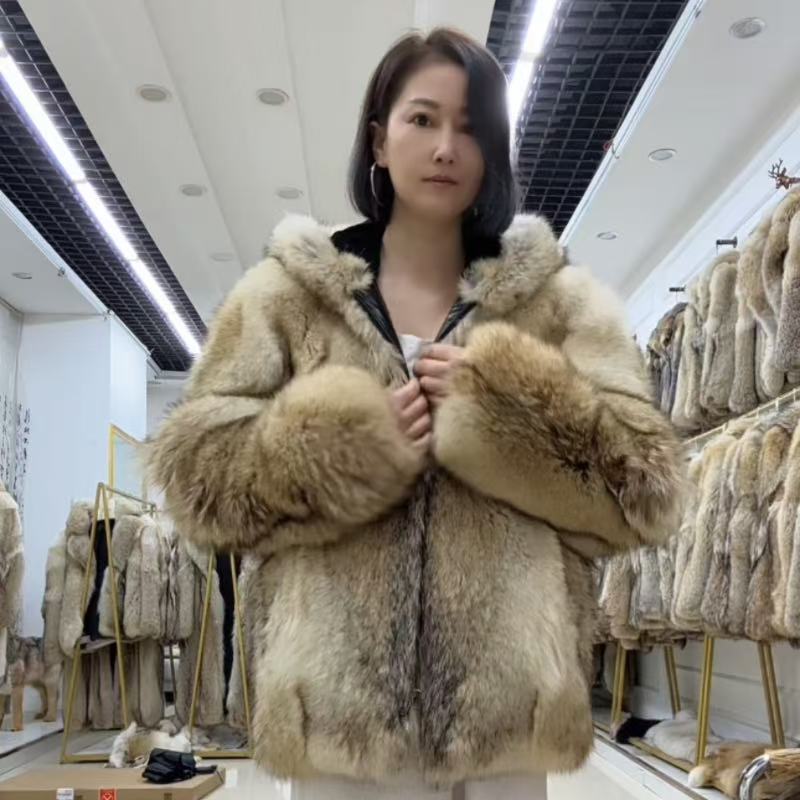 合法进口郊狼皮草大衣北美郊狼皮夹克真皮草大衣男女同款