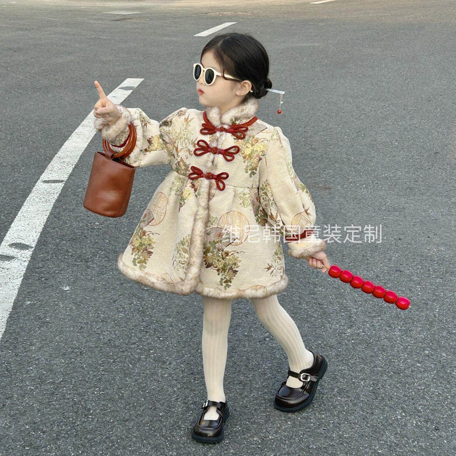 2025新款儿童宝宝雪尼尔提花加绒中国风长款大衣外套女童气质旗袍