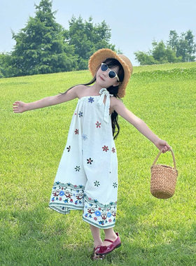 夏季女童斜肩重工刺绣吊带长裙