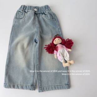 韩版童装2026冬季女童加绒牛仔裤儿童宽松直筒裤一体绒加厚老爹裤