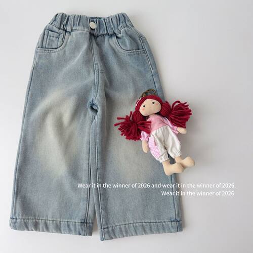女童冬季一体绒加厚直筒牛仔裤