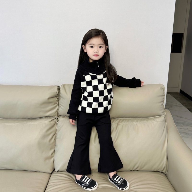 韩国版2023秋冬款女童时髦洋气格子高领毛衣小女孩气质百搭针织衫