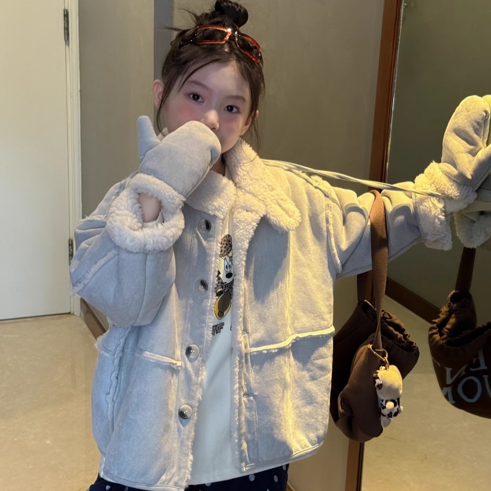 女童时髦洋气加厚外套2025秋冬款儿童皮毛一体加绒保暖大衣带手套