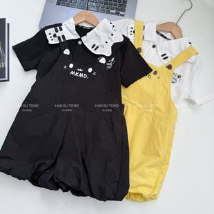 韩版童装2026夏季新款女童可爱猫咪短袖T恤宽松休闲背带裤两件套