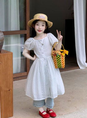 韩系女童夏季刺绣提花牛仔连衣裙