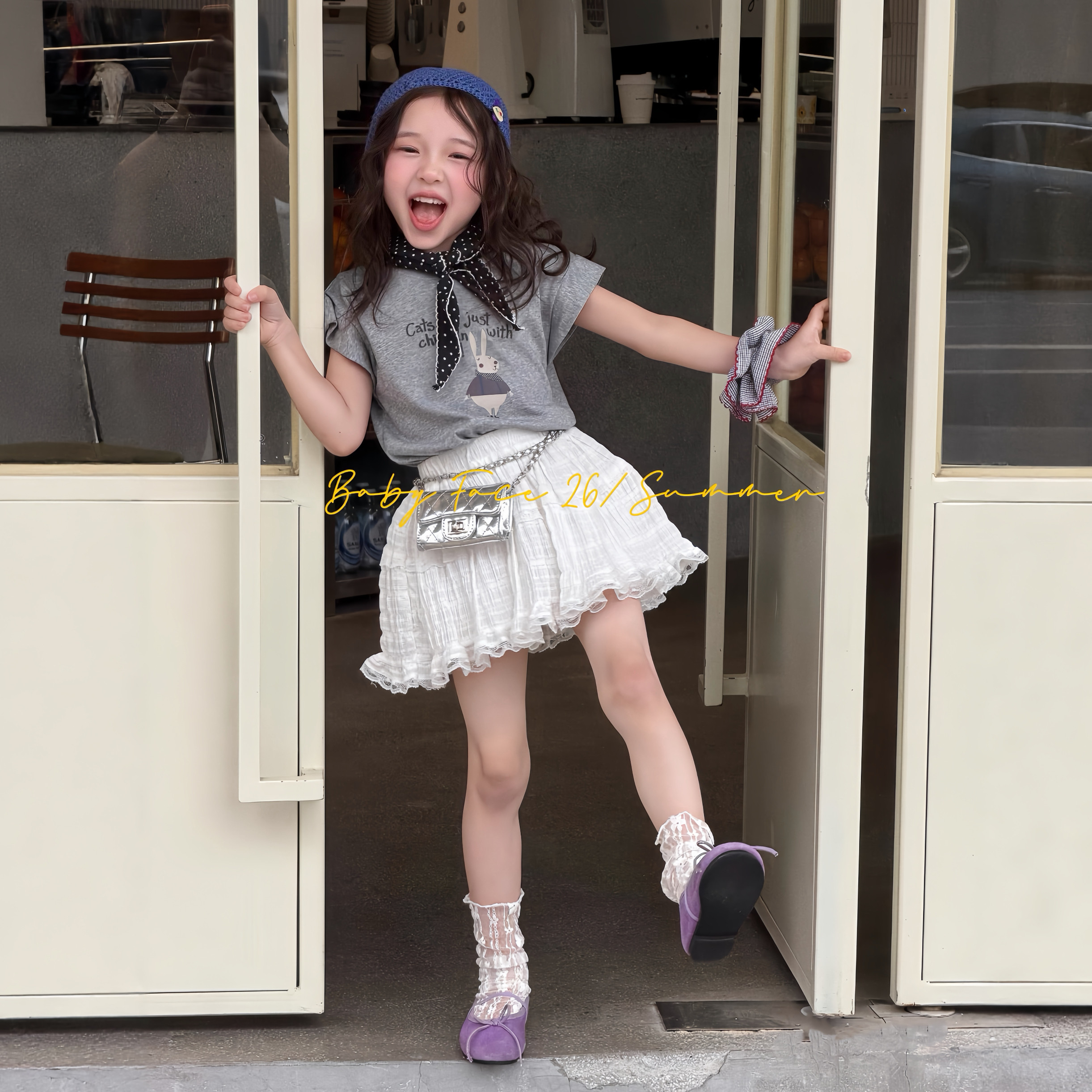 韩国童装2026夏季新款女童卡通印花丝巾T恤儿童洋气甜美蛋糕短裙