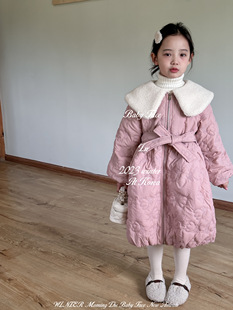 韩国版2023冬季新款女童洋气大翻领加绒夹棉长款大衣棉服收腰棉袄
