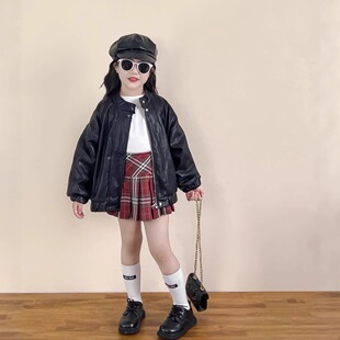儿童洋气复古甜酷机车皮衣女童宽松休闲立领外套 2025秋款 韩版 童装
