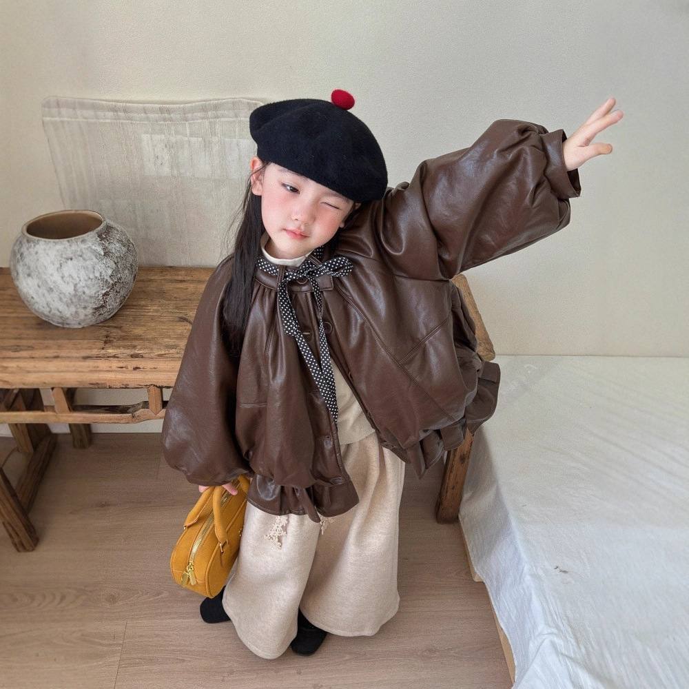 韩版童装2025冬款女童时髦花苞夹棉皮衣女宝宝甜美蝴蝶结加厚外套