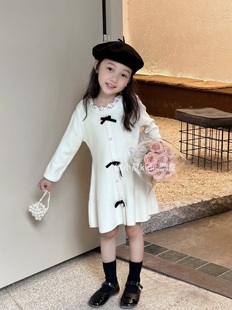 女童针织裙2025秋冬新款韩国版儿童气质小香名媛风蝴蝶结连衣裙子