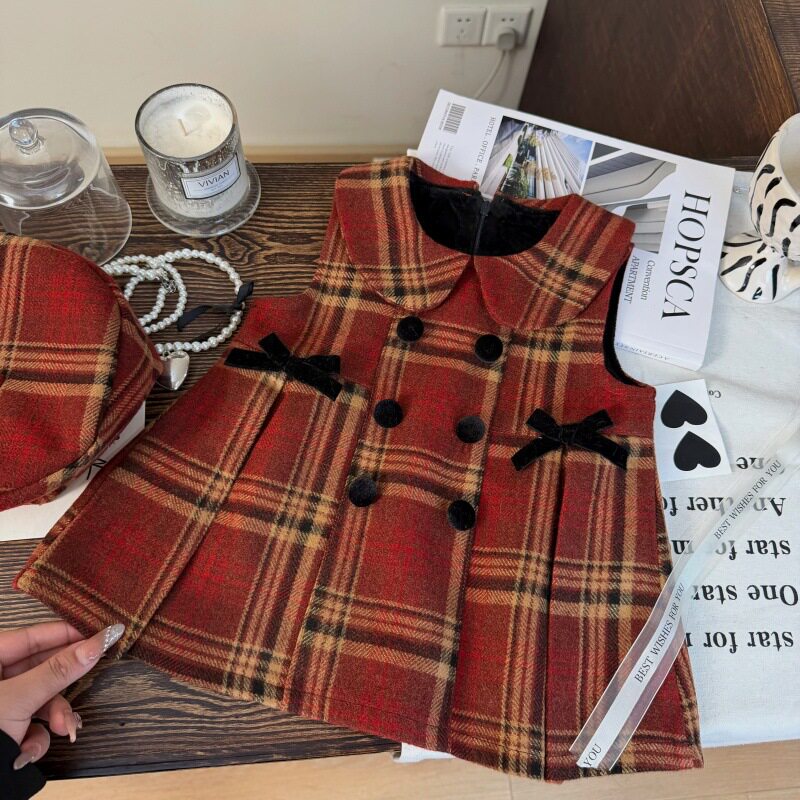 韩版童装秋冬款女童洋气甜美蝴蝶结背心裙女孩红色格子加绒连衣裙