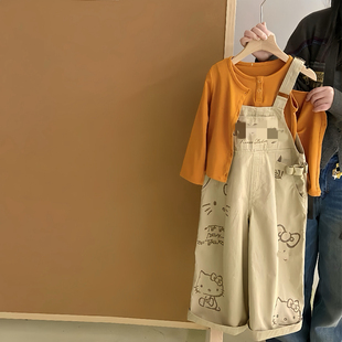 时髦卡通百搭休闲背带裤 女童洋气简约背心开衫 2026春夏款 韩国童装