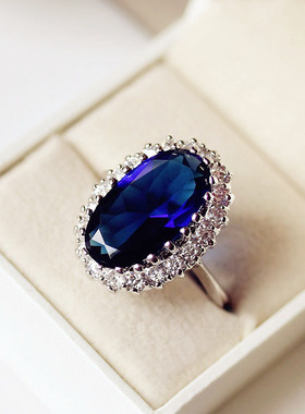 椭圆形深蓝彩色宝石女日韩戒指