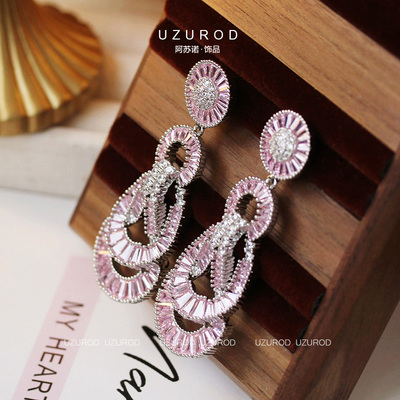 UZUROD绕结粉色绳结时尚梯形水钻耳钉高级感春夏独特漂亮耳环耳饰