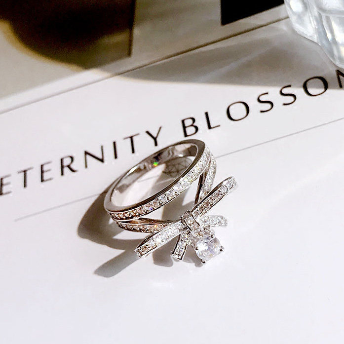 日韩国小众低调蝴蝶结双层水钻戒指中食指指环甜美百搭潮人学生女