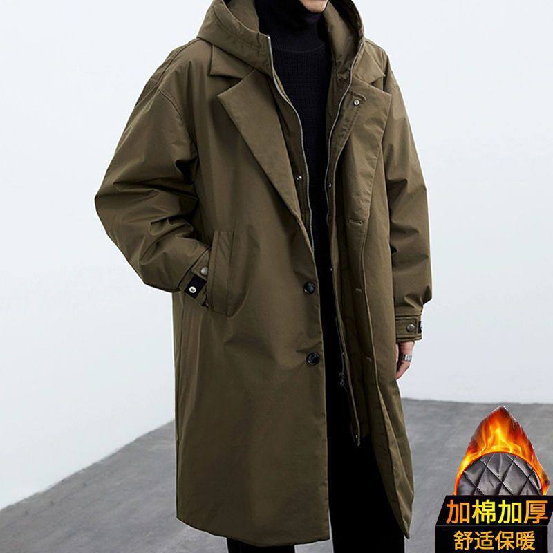 大衣男外套Coat men's fake two-piece hooded mid length design,男装,风衣,淘宝优惠券,粉丝福利购,淘宝优惠卷