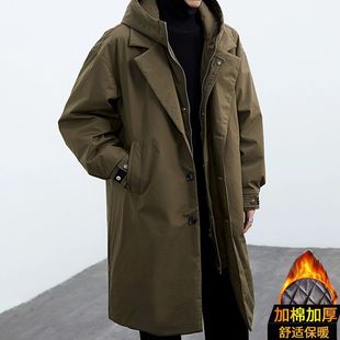 大衣男外套Coat men's fake two-piece hooded mid length design