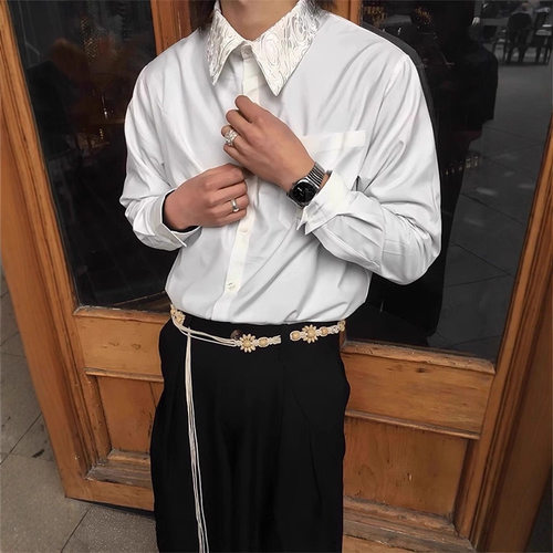 Teenage retro white embroidered floral collar shirt men衬衫