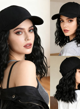 Long Curly Elegant Black Baseball Cap Hat Wig Heat-Resistant