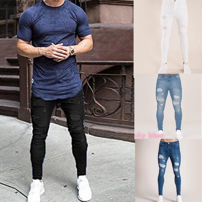 trousers for men ripped jeans 膝盖破洞牛仔裤男 一字破 pants