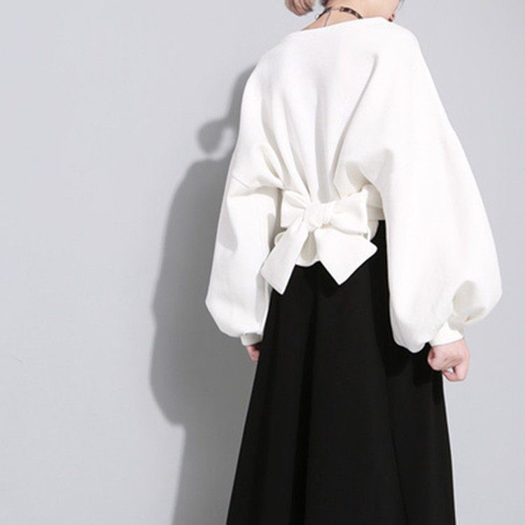 上衣女春秋2021新款333走秀蝴蝶结绑带灯笼袖两面穿宽松套头卫衣