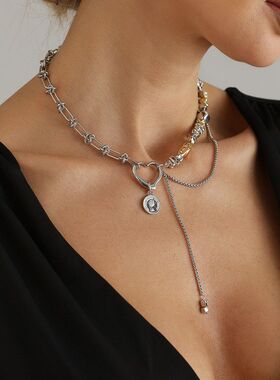 欧美跨境饰品 复古做旧爱心人像币项链女 双拼色流苏日常通勤项饰