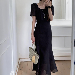 25年夏新款韩国东大门U领连衣裙法式蝴蝶结系带收腰显瘦鱼尾长裙