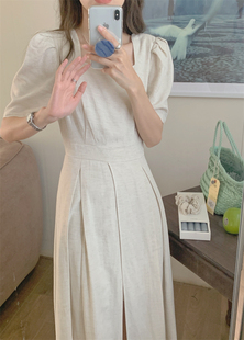 2025年夏季新款韩国东大门U领连衣裙法式泡泡袖收腰裤裙棉麻长裙