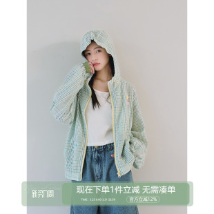 【放假了】初中生女孩外套2026春装新款青少年格纹薄款连帽拉链衫
