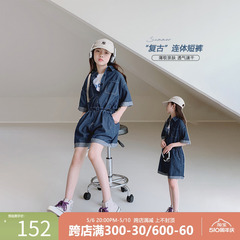 女童连体裤2024夏装新款女大童薄款牛仔短裤儿童洋气休闲五分热裤